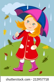 The girl walking with  under an umbrella in the rain in autumn. A little girl walking in rain with umbrella.