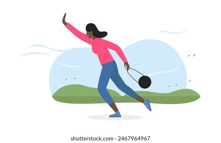 Girl walking in windy weather, womans walk through storm and high winds vector illustration