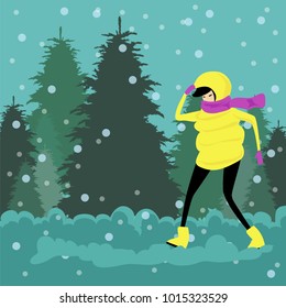 girl walking in winter forest