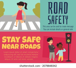 Girl walks along crosswalk and boys look at traffic light, horizontal banner template - flat vector illustration. Set of posters or flyer to educate children about road rules and safety.