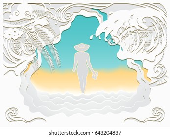 A girl walks along the sea sand. Paper cut style of waves and palms. Vector illustration. Banner summer vacation. 