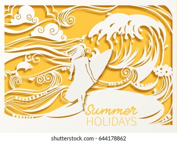 A girl walks along the sea sand with a surfboard. Paper cut style of waves and palms. Vector illustration. Banner summer vacation.