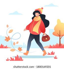 Girl Walks In The Autumn Park, A Walk In The Fresh Air. Leaves Are Falling, The Wind Is Blowing. Vector Illustration