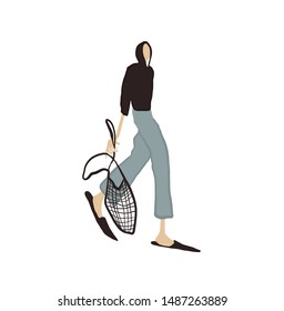 girl walks in a black sweatshirt and jeans with eco mesh bag. Flat woman figure in hipster style clothes