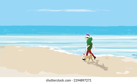 A girl walks a brown dog on the beach in front of a turquoise ocean in a green hoodie under a clear blue sky with white clouds, both wear Santa cap, realistic minimalist illustration vector