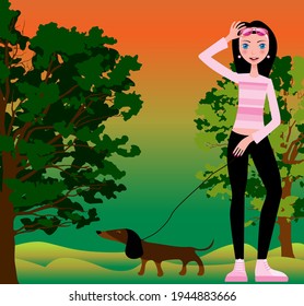 A girl walks with a dachshund dog on a background of autumn nature. Woman with dog on a walk. Vector illustration.