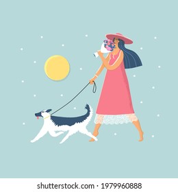 Girl walks with a dog and bouquet of flowers. Isolated on blue background. Sun and floristic decor. Happy woman in dress. Summer time, freedom, relationships, walk a pet, lifestyle, long hairs. Flat