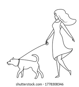 A girl walks with a dog drawn in black vector line. Stock illustration isolated on white background. Icon dog walking in black and white line art. Can be used for print, sign, blog or cover.