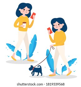 Girl walks with a dog, drinks coffee and looks at the phone. Colorful vector illustration on a white background. For a website, advertising.
