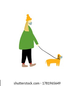 A girl walks with a dog in medical masks. Dog on a leash. Vector illustration isolated on a white background.