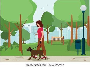 A girl walks with a dog in a muzzle and on a leash in a city park. Dog walking rules. Vector illustration.