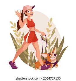 Girl walks with the dog on a harness. Welsh Corgi for a walk. Scene of the daily activities of a pet owner. Vector illustration.