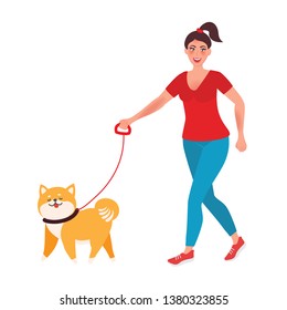 The girl walks the dog on a leash. Breed Shiba inu. A character with a pet. Vector illustration