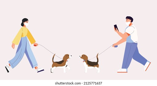 Girl walks with a dog. Dog on a leash. The girl in the mask. A man in a mask walks with a dog. The man is holding a phone in his hand. People go towards each other. Vector illustration