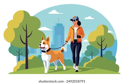 A girl walks with a dog in the park, with the city skyline in the background.