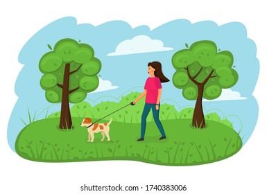 A girl walks with a dog in the Park. The concept of leisure, of service care for Pets. Cartoon vector illustration.