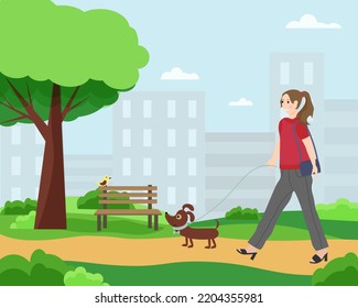 Girl walks with a dog in the park. Vector illustration of a city scene. For flyers, posters, flyers, covers and brochures.