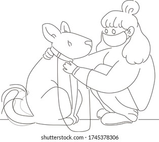 Girl walks with a dog. Quarantine walk. Girl and dog. Vector stock illustration. Line vector illustration. Vector line style illustration of quarantine and isolation. Pandemic, Coronavirus Epidemic