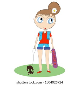 The girl walks with the dog and skate.