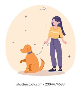 Girl walks with dog. Teenager with pet at leash on street. Housework and routine. Child on walk with domestic animal. Happy pet owner outdoor. Cartoon flat vector illustration