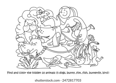 Girl walks the dogs. Find and color hidden objects in the picture. Coloring page for kids. Hidden object puzzle game. Sketch vector illustration of funny cartoon characters.