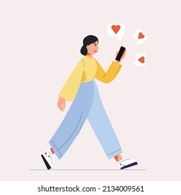 A girl walks down the street with a phone in her hands. The girl rejoices at likes, ratings. Vector illustration.