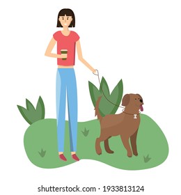 girl walks with her dog in the park