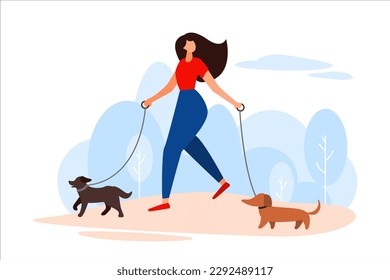 Girl walks with her dogs on a leash. Pet lovers, walking with puppies in park, teaching dogs to perform commands, adopting animals from shelter. Dog day. Vector illustration in flat style