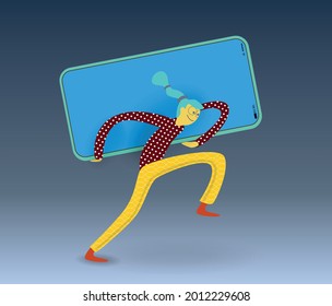 The girl walks holding a mobile phone on her back. Vector banner