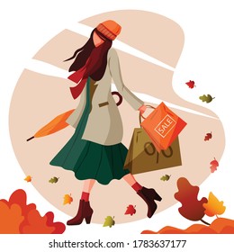 Girl walks holding shopping bags and closed umbrella in autumn windy weather. Great for poster, banner, flyer for Autumn Sale Discount advertisement or promotion.