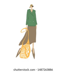 girl walks in a jacket ,skirt , with eco mesh bag. Flat woman figure in hipster style clothes