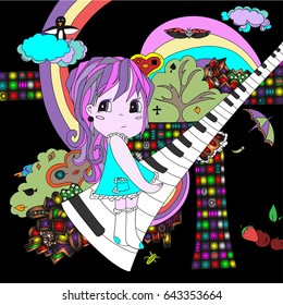 The Girl Walks On The Piano. Anime. A Psychedelic, Weird Picture. Bushes With Card Suits. Casino. Penguin In The Clouds. Grandma Box On The Rainbow. Freehand Sketch. Bright, Cartoon Illustration.