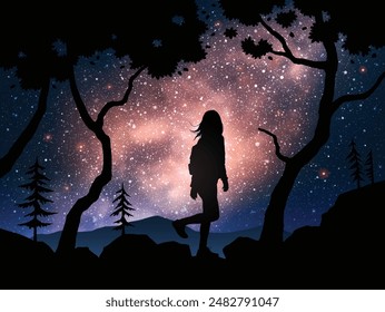 Girl walks on rocky ground. Hiking at mountain range. Milky Way in sky