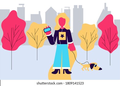 A girl walks in the park with a dog and listens to music on headphones. Against the background of the city. Flat style modern design vector illustration