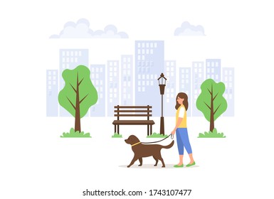 A girl walks in the park with a dog. A young woman is walking a dog. Walk in the park in the summer. Cute vector illustration.