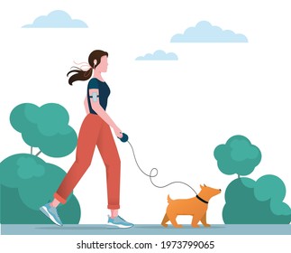 A girl walks in the park with her dog. Active and healthy lifestyle, jogging in the fresh air. Vector illustration in a flat style.