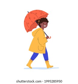 The girl walks in the rain. Happy child in a yellow raincoat under umbrella during rain. Flat vector cartoon illustration isolated on white background.