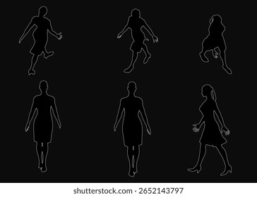 Uma garota caminha em silhueta contra um fundo preto, sua figura contrastando acentuadamente com o espaço escuro. Múltiplas poses criam movimento dinâmico e interesse visual.