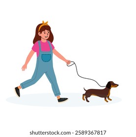 Girl walks a small dog in a cheerful park setting on a sunny day