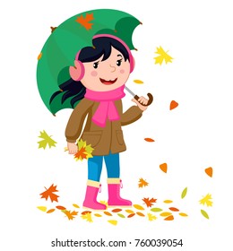 The girl walks through the autumn park. Girl with umbrella in autumn. Girl with a green umbrella.