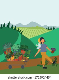 Girl walks through the forest with a shopping cart, buying plants and flowers, walking in the forest
