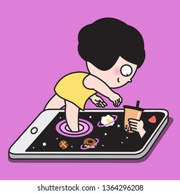 Girl Walks Through A Galaxy Of Yummy Food In Mobile Phone. Hand Delivering Bubble Milk Tea Drink To Girl. Concept Of Technology Ordering Food Online Through Mobile Apps From Smart phones Card Character