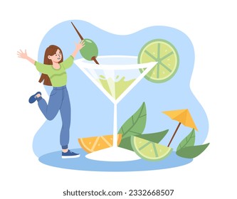 Girl want to drink cocktail concept. Woman near glass with alcoholic drinks. Soda and juice with lime and lemon. Beverage and cold fresh products for summer season. Cartoon flat vector illustration