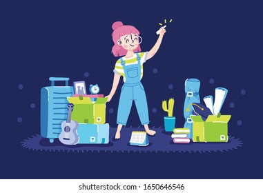 Girl want to moving out of home, she was preparing her own stuff.