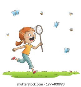 Girl wants to catch butterflies. Hand drawn vector illustration with separate layers.