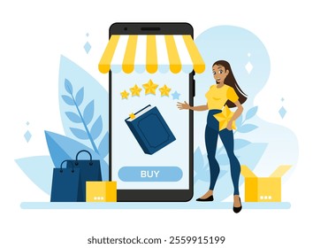 The girl wants to evaluate the book she has read and give her an additional star using her smartphone. A large phone for installing an app for buying and evaluating books. An online bookstore