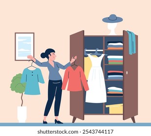 Girl and wardrobe. Cartoon woman choose between two blouses. Female stand and make new fashion outfit for work or walk. Sorting clothes recent vector scene