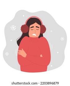 A girl in warm clothes can't keep warm in winter. A young woman shivers from the cold, hugs herself. Vector graphics.