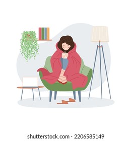 Girl in warm clothes drinks a hot drink and warms herself under a blanket. Cold temperature in the apartment. Saving energy resources. Crisis and economy concept. Vector illustration.