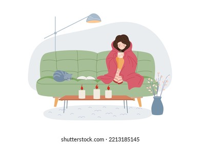 Girl in warm clothes drinks a hot drink and warms herself under a blanket. Cute cat. Cold temperature in the apartment. Saving energy resources. Crisis and economy concept. Vector illustration.